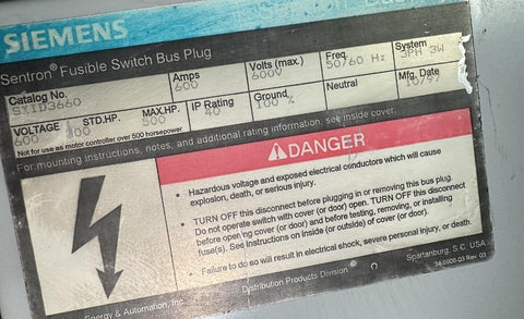 Sentron Bus Plug Siemens SXID3660 Sentron Fusible Switch Bus Plug 600A 600V 500HP 50/60