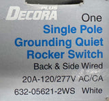 Leviton Decora 5621-2W Single Pole Rocker Switch 20A 120/277V AC/CA White