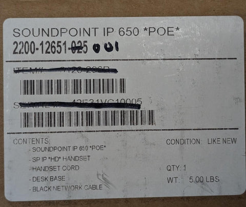 Polycom SoundPoint IP 650 6-line IP Phone 24V 0.5A PoE Supported 2200-
