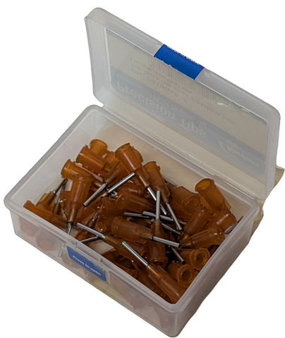 Box of (50) Nordson EFD 7018068 Dispensing Needle Tip Amber 15GA GP .054 X .5