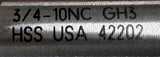 Detroit Industrial TT91096 Plug Hand Tap 3 Flute 3/4-10 NC GH3 HSS 42202
