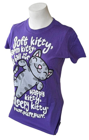 Tulex Women's Soft Happy Kitty Graphic Purple Short Sleeve Shirt Size Small