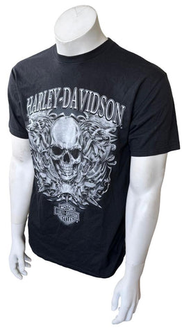 Harley Davidson Men's Silver Skull Graphic Black Short Sleeve Shirt Size Medium