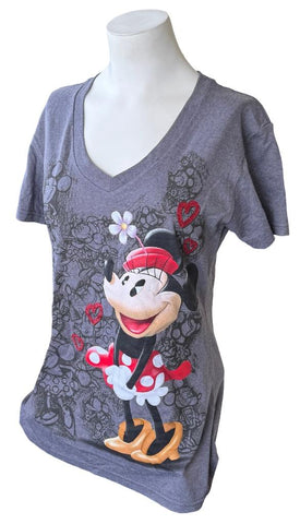 Disney Women's Minnie Mouse Hearts Graphic Gray Short Sleeve Shirt Size Medium