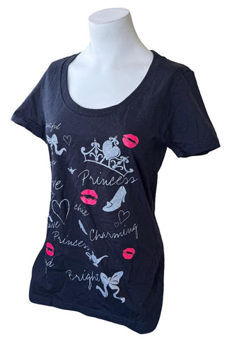 Disney Women's Princess Tiara Hearts Shoes Graphic Black Shirt Size Medium