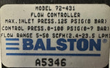 Balston 72-431 Flow Controller 5-50 SCFH 125 PSIG Max Inlet Pressure