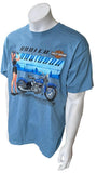 Harley Davidson Men's Woman With Motorcycle Blue Short Sleeve Shirt Size Large