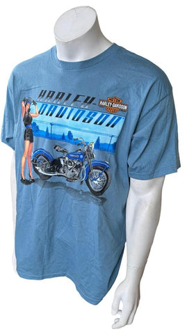 Harley Davidson Men's Woman With Motorcycle Blue Short Sleeve Shirt Size Large