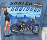 Harley Davidson Men's Woman With Motorcycle Blue Short Sleeve Shirt Size Large