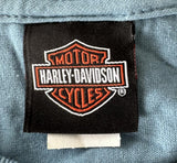 Harley Davidson Men's Woman With Motorcycle Blue Short Sleeve Shirt Size Large