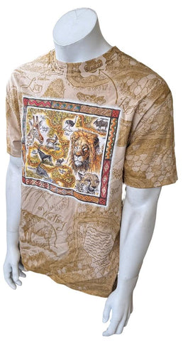 Alstyle Men's Animals Of Africa Graphic Beige Short Sleeve Shirt Size Large