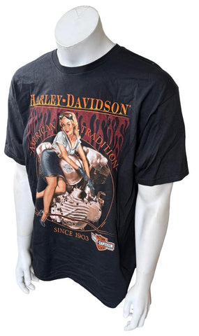 Alstyle Men's Harley Davidson Woman On Engine Graphic Black Shirt Size Large