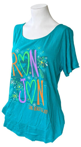 Pimatee Women's Ron Jon Long Beach Island Teal Short Sleeve Shirt Size Large