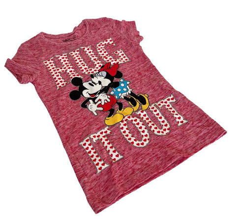 Disney Girls Mickey & Minnie Mouse Hug It Out Red Short Sleeve Shirt Size Small