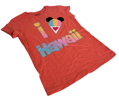 Disney Girls I Love Hawaii Mickey Mouse Snow Cone Graphic Orange Shirt Size M