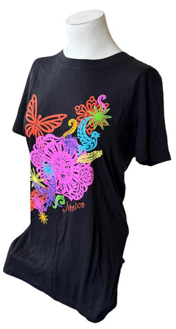 Pimatee Women's Mexico Papel Picado Graphic Black Short Sleeve Shirt Size Large