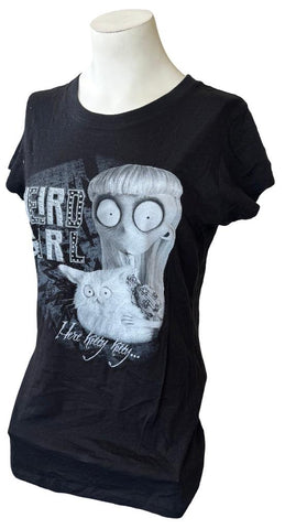 Pimatee Women's Frankenweenie Weird Girl Here Kitty Kitty Black Shirt Size XL