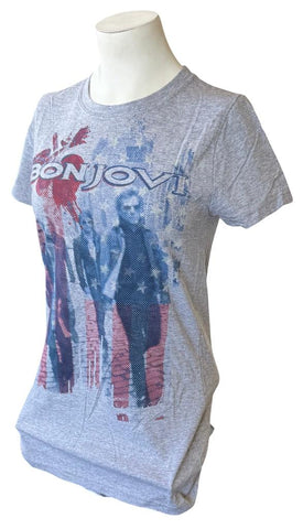 Bay Island Women's Bon Jovi USA Graphic Gray Short Sleeve Shirt Size Large