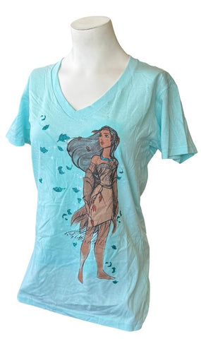 Disney Women's Pocahontas Graphic Teal Short Sleeve Shirt Size Medium