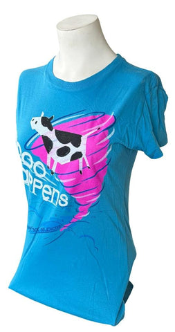 Universal Studios Women's Moo Happens Cow Tornado Graphic Blue Shirt Size Medium