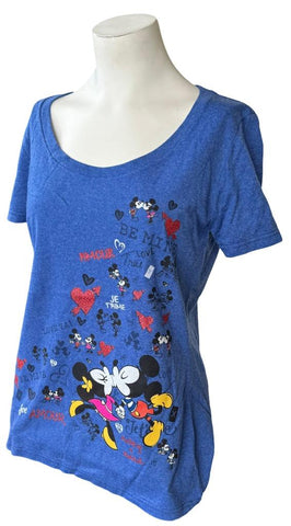 Disney Women's Mickey Mouse & Minnie Mouse Kissing Blue Shirt Size Medium