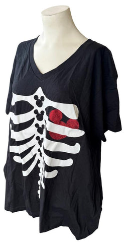 Disney Women's Mickey Mouse Skeleton Heart Graphic Black Shirt Size 3XL