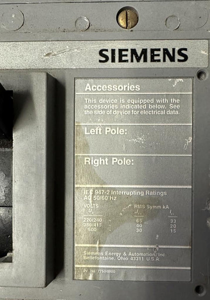 Siemens JXD63B400 Sentron Molded Case Circuit Breaker 3‑Pole 400 A 600