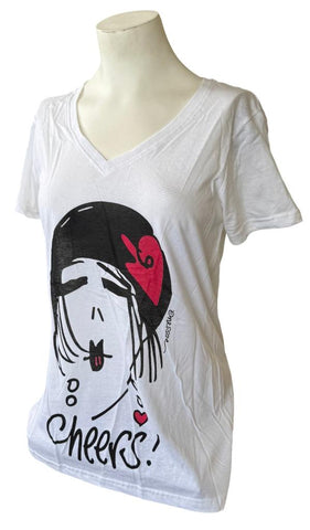Emerson Street Women's Cheers Girl Graphic White Short Sleeve Shirt Size Small