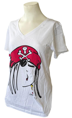 Anvil Women's Emerson Pirate Girl Graphic White Short Sleeve Shirt Size Medium
