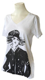 Anvil Women's Emerson Navy Girl Graphic White Short Sleeve Shirt Size Medium