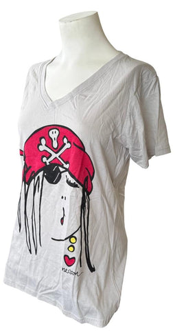 Anvil Women's Emerson Pirate Girl Graphic Gray Short Sleeve Shirt Size Medium