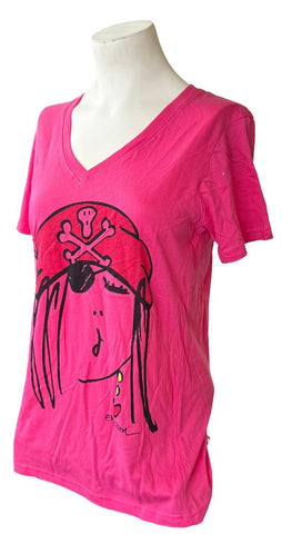 Anvil Women's Emerson Pirate Girl Graphic Pink Short Sleeve Shirt Size Medium