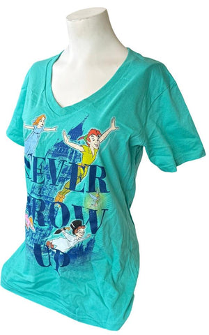 Disney Women's Peter Pan Never Grow Up Graphic Teal Short Sleeve Shirt Size M