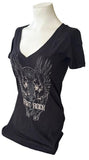 Next Level Women's Fort Rock Angels Graphic Black Short Sleeve Shirt Size Small