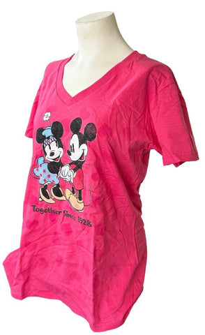 Disney Women's Minnie & Mickey Mouse Together Since 1928 Pink Shirt Size Large