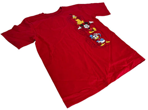 Disney Boys Mickey Mouse Donald Pluto Graphic Red Short Sleeve Shirt Size Medium