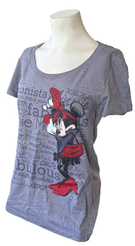 Disney Women's Minnie Mouse XOXO Fashionista Shopaholic Gray Shirt Size Medium