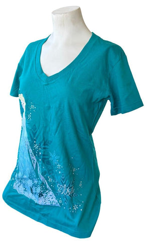 Disney Women's Frozen Elsa Graphic Teal Short Sleeve Shirt Size Medium