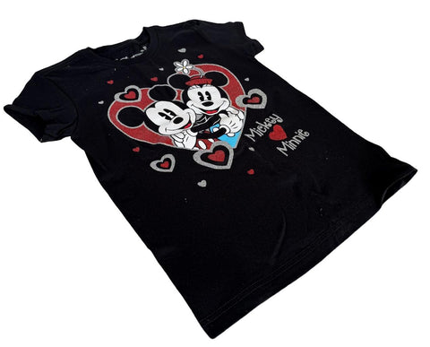 Disney Girls Mickey Mouse & Minnie Love Graphic Black Short Sleeve Shirt Size M