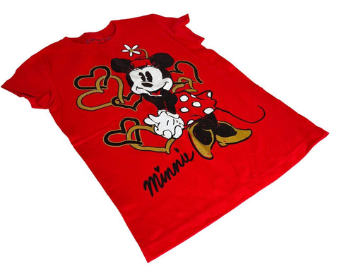 Disney Girls Classic Minnie Mouse Hearts Graphic Red Short Sleeve Shirt Size M