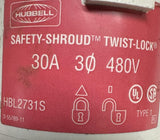 Hubbell HBL2731S Safety-Shroud Twist-Lock Plug 30A 3-Pole 480V Black White