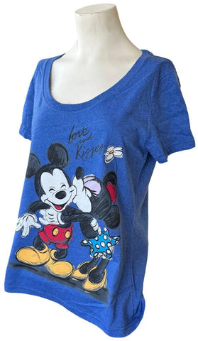 Disney Women's Mickey Mouse & Minnie Mouse Love And Kisses Blue Shirt Size Large