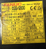 Fanuc A22/2000 AC Servo Motor Straight Shaft 3.8 W 15 A 2000 RPM A06B-0147-B077