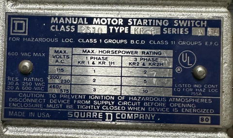 Square D 2510KR-8 Manual Motor Starting Switch Series A 2510KR8