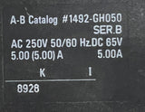 Lot of (2) Allen-Bradley 1492-GH050 Miniature Circuit Breaker Series B 250V 5A