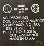 Cutler-Hammer 6-331-16 Contactor 208/240V AC Coil 50A 600V Max 9560H1415B