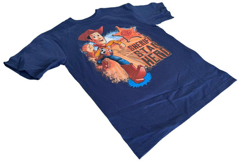 Disney Boys Toy Story Woody Sheriff Star Hero Navy Short Sleeve Shirt Size M