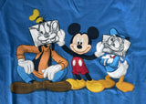 Disney Boys Mickey Mouse Donald Goofy Silly Faces Blue Short Sleeve Shirt Size M