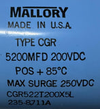 Mallory CGR522T200X5L Electrolytic Capacitor 5200 µF 200 VDC 235-8711A w/ Clamp