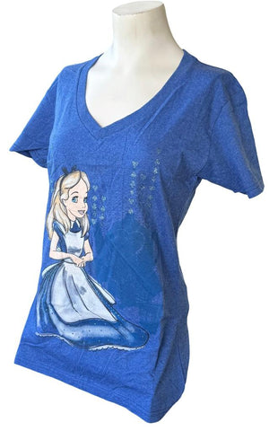 Disney Women's Alice In Wonderland Graphic Blue Short Sleeve Shirt Size Medium